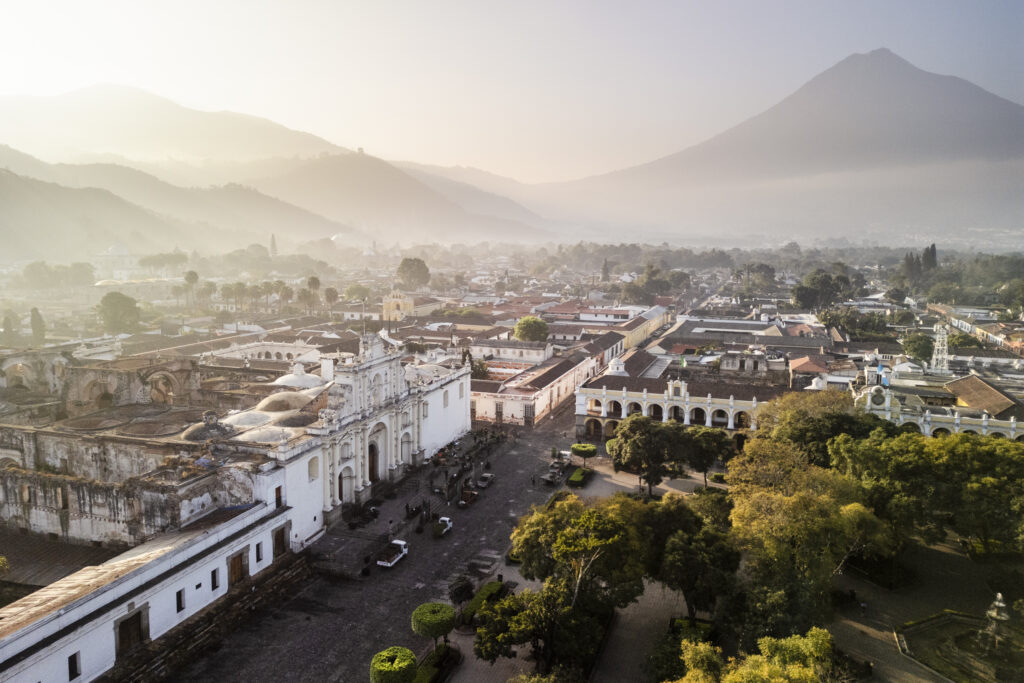 drone photo of Main square Antigua in Guatemala