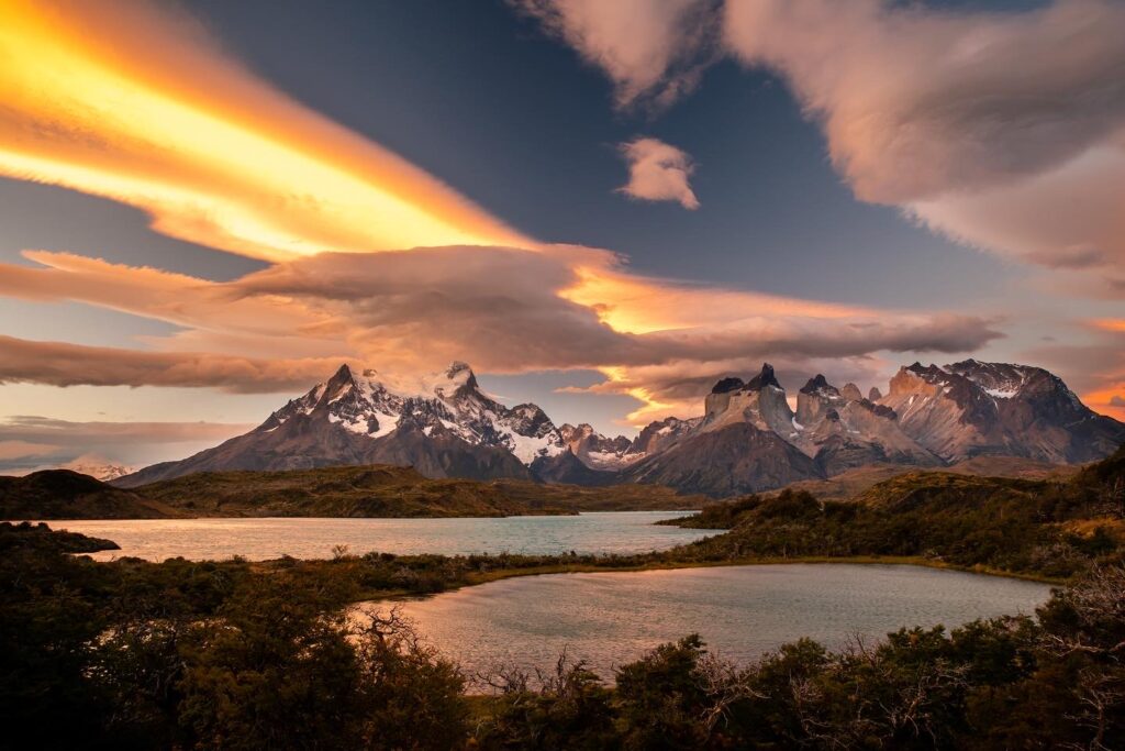 sunset at lago pehoe in Patagonia chile 