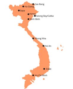 Map of Vietnam with travel route