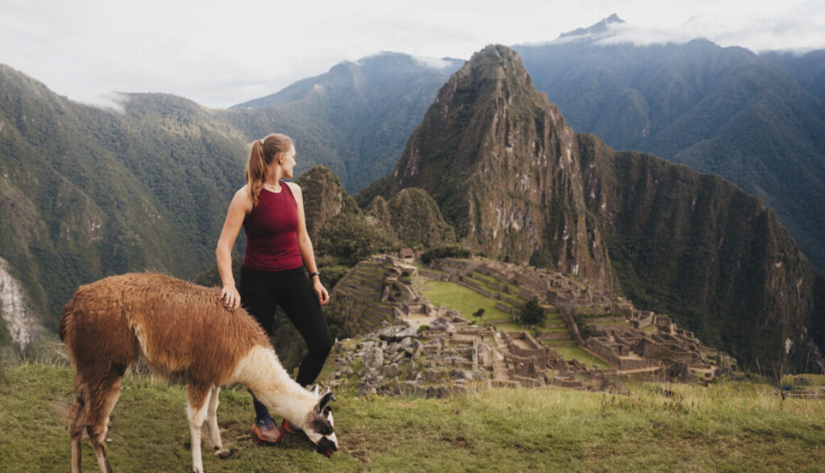 Girl and alpaca looking at Machu Picchu