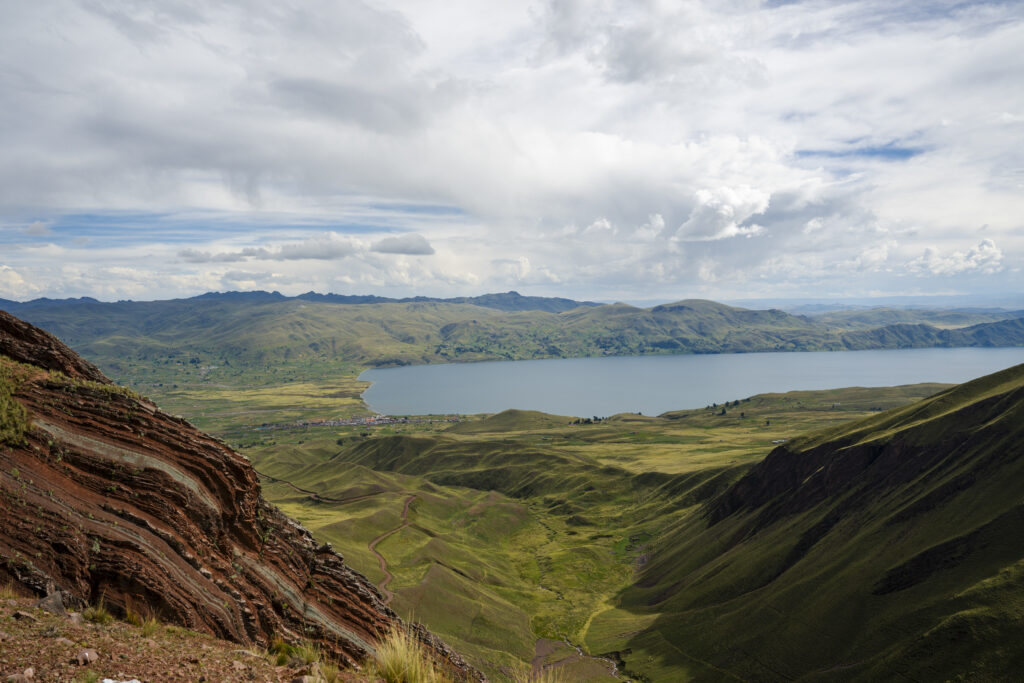 View of the lake from Pallay Punchu rainbow mountain Peru 