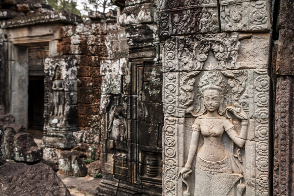  intricate carvings of apsaras (celestial dancers) at Banteay Kdei temple In Angkor Cambodja