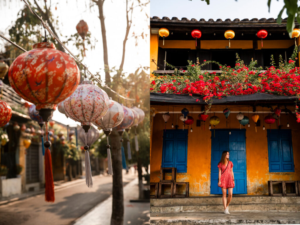 Lanterns and colorful facade in old town Hoian