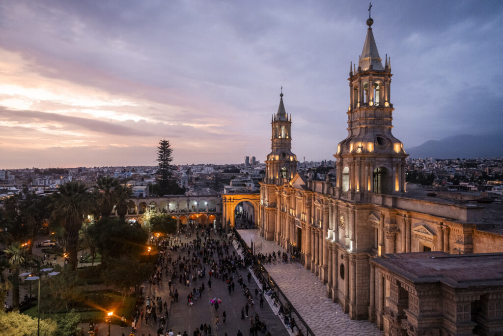 Night view of Basilica Cathedral of Arequipa from Rooftop