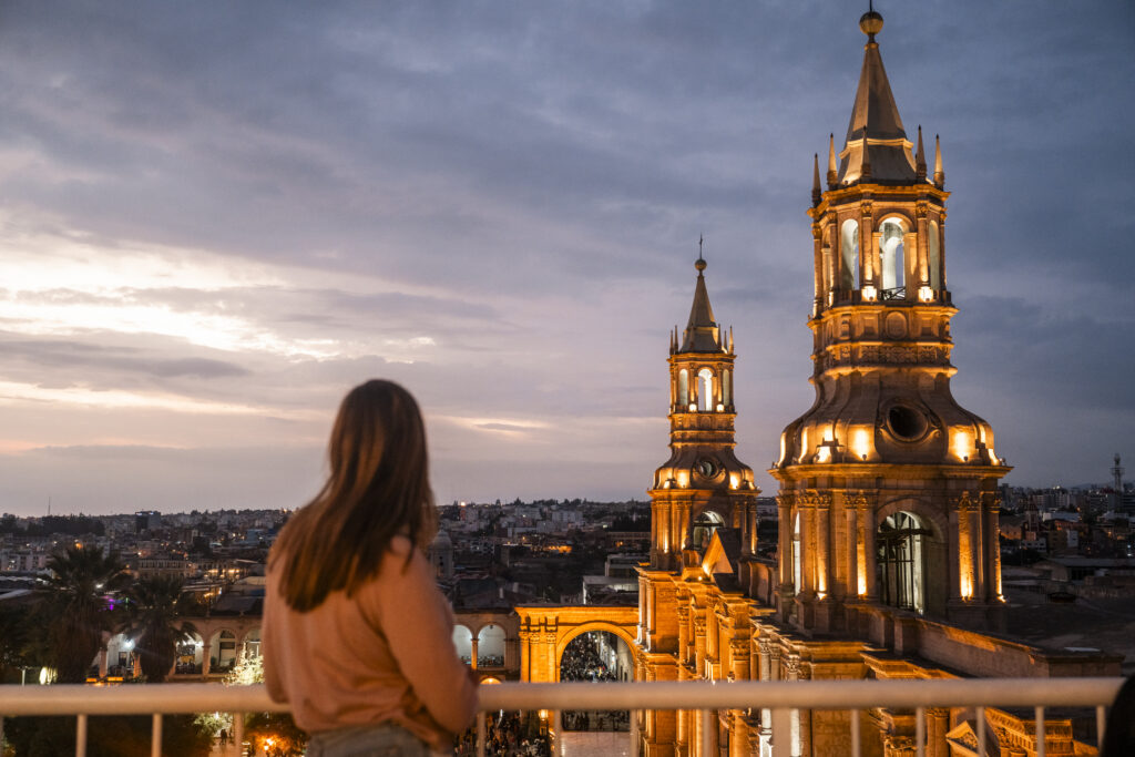 Night view of Basilica Cathedral of Arequipa from Rooftop terrace