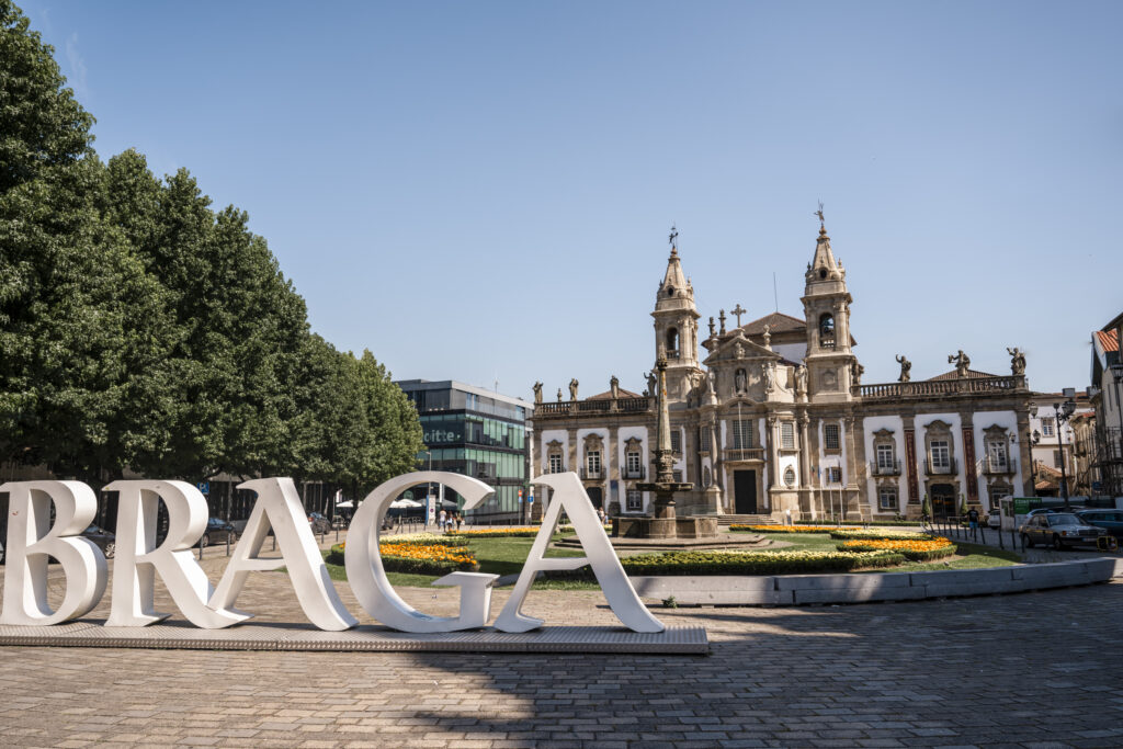 Saint Markus Church with Braga letters on the square