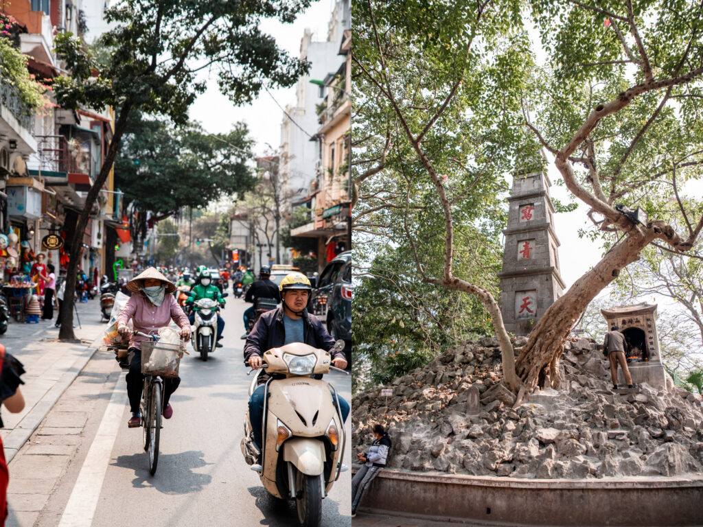 A busy street in Hanoi on the left and temple on the right