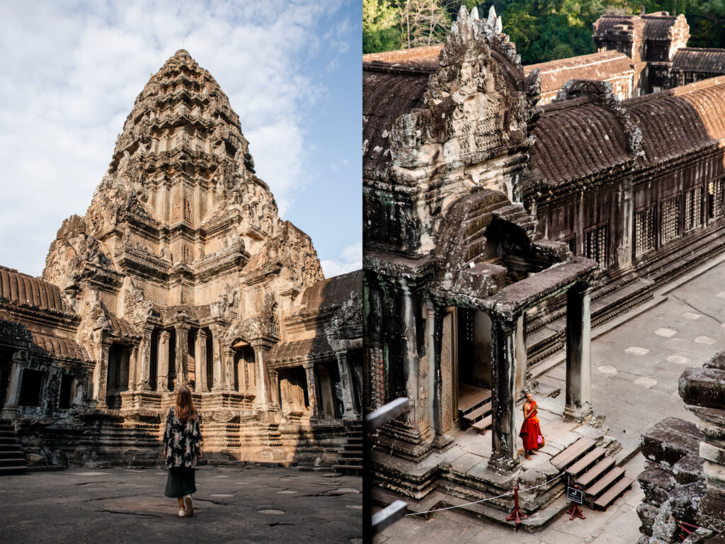 girl in front of tower Angkor wat and buddies monk