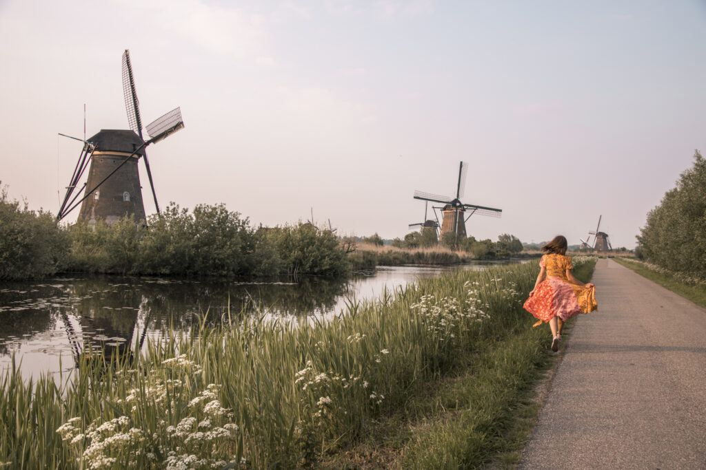 walking around at Kinderdijk Windmills in the Netherlands