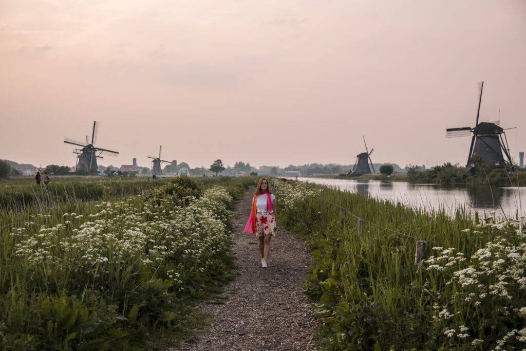 walking around at Kinderdijk Windmills in the Netherlands