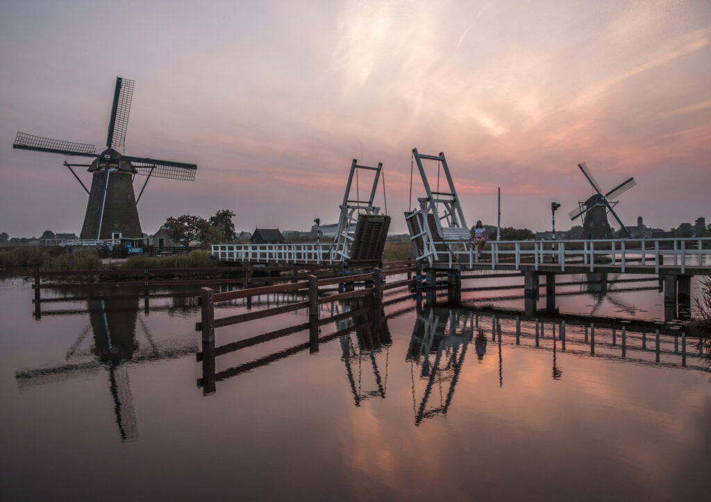 Bridge at Kinderdijk Windmills at sunset