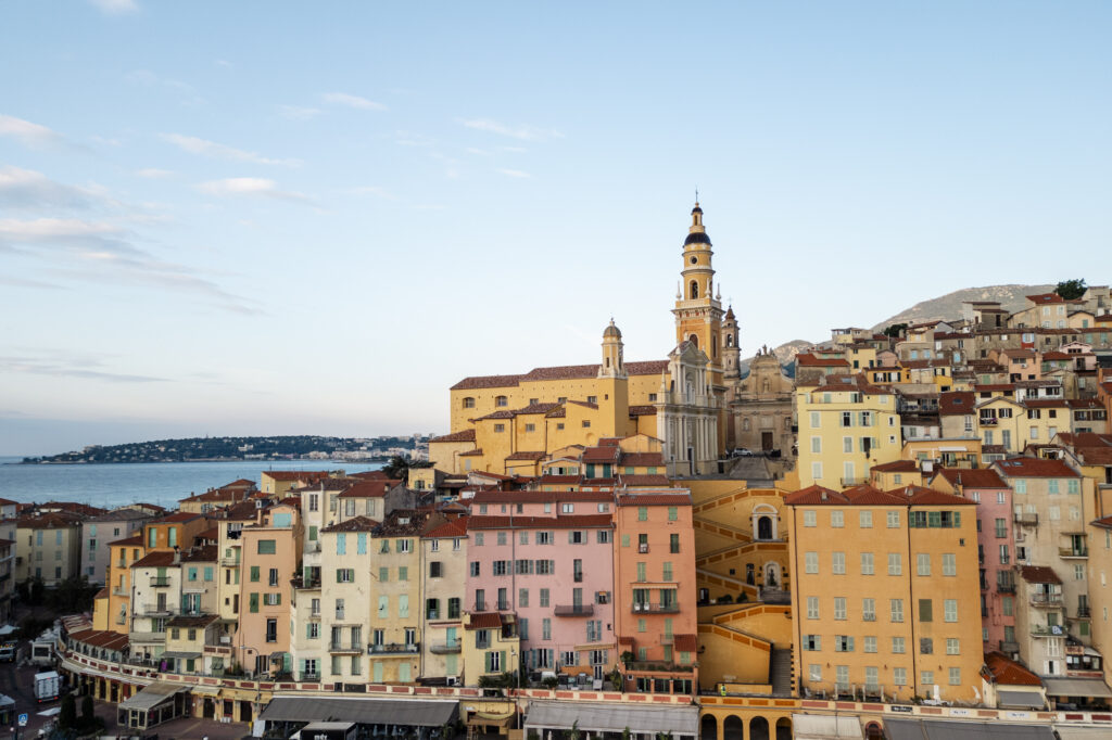 drone shot colorful facades of Menton, France