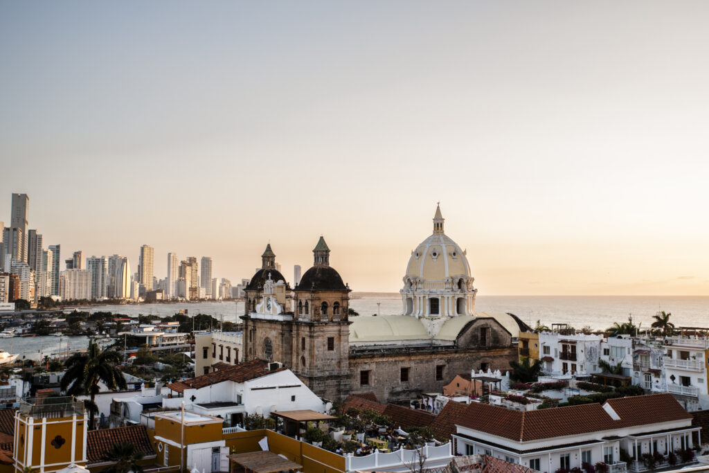 sunset overlooking Cartagena Cathedral from movich hotel rooftop bar